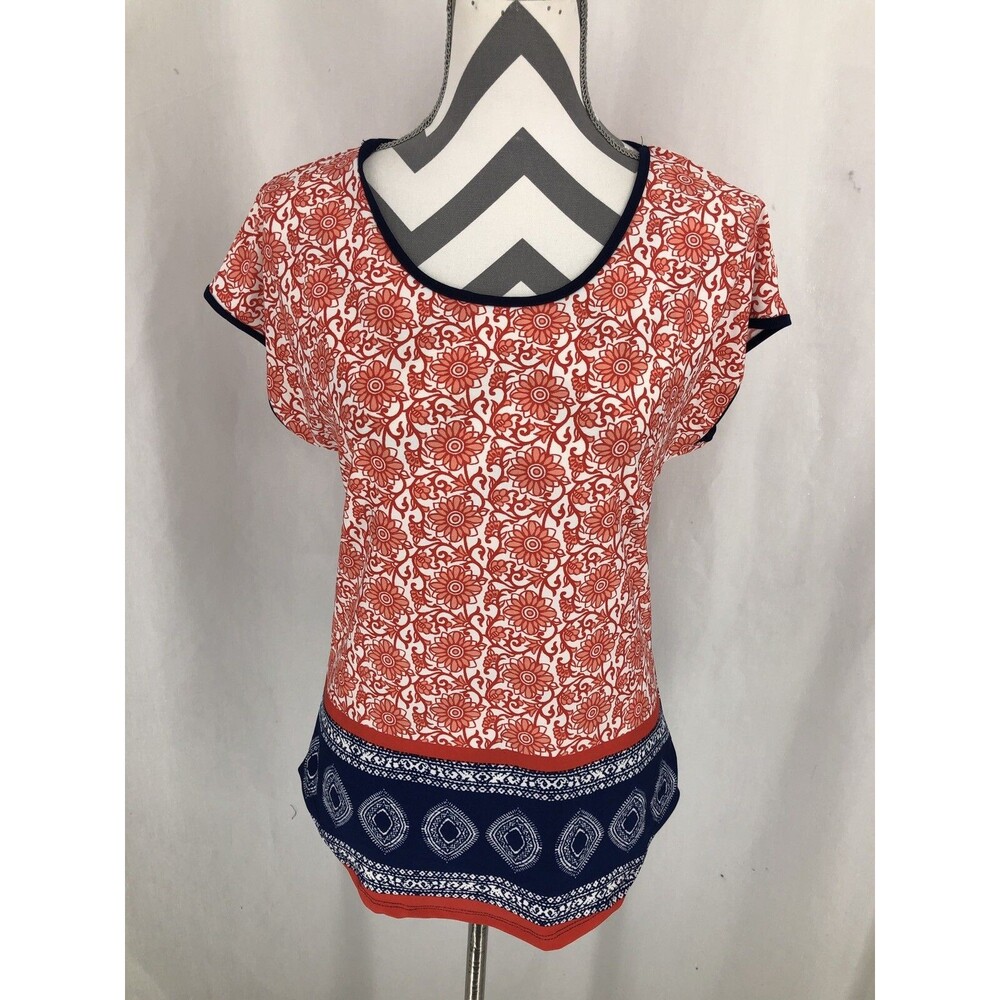 Espresso Pink Floral Blue Short Sleeve Stretch Shirt PET12010 Medium Petite - Picture 2 of 4